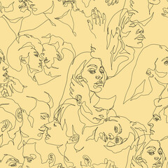 Lovers faces. People in love seamless pattern. Linear digital paper