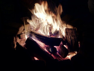 bright fire in the fireplace