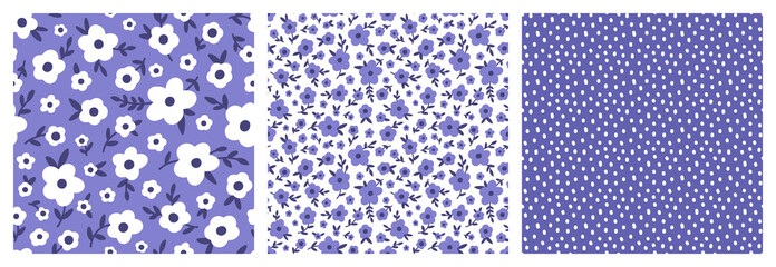 Polka Dot and Ditsy Floral vector seamless pattern set.Tiny Wildflowers, scattered Meadow Flowers. Very Peri Violet Millefleur background. Vintage Liberty design for fashion, nursery, print, textile