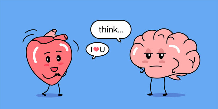 Comic cartoon heart and brain funny communication. Colorful comics illustration