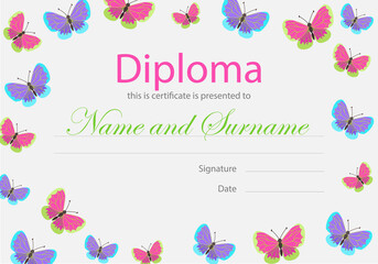 Colorful diploma for a woman with bright butterflies. Vector template of certificate of achievement for woman and girl. Diploma of completion of the course in nails, make-up