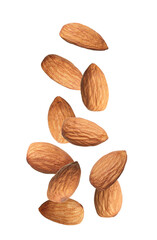 Many tasty almonds falling on white background