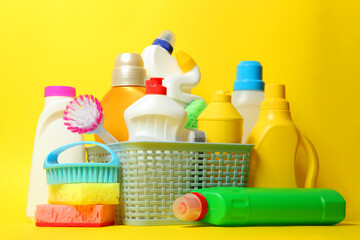 set of cleaning products on a colored background close-up with a place for text