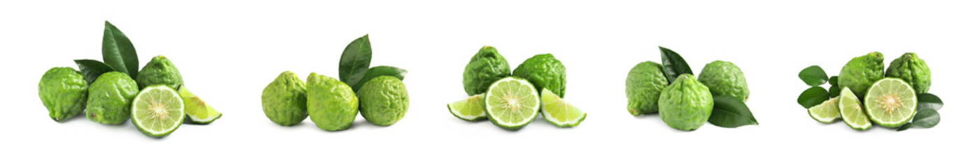Set with fresh ripe bergamot fruits on white background. Banner design