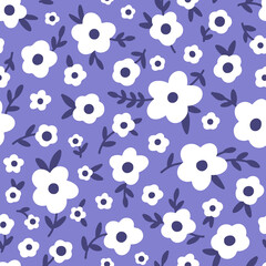 Ditsy Floral vector seamless pattern. Tiny Wildflowers, scattered Meadow Flowers. Very Peri Violet Millefleur background. Vintage Liberty style texture for fashion, nursery print, textile, fabric