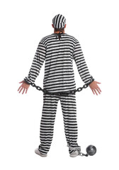 Prisoner in special uniform with chained hands and metal ball on white background, back view