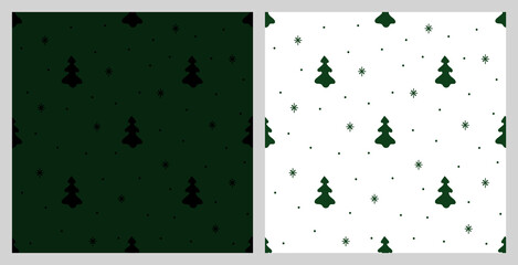 Christmas seamless pattern with isolated painted christmas trees, snowflakes. Flat vector illustration for paper, textile, fabric, prints, wrapping, greeting cards, banners