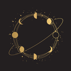 Hand Drawn Gold Logo Frame with golden moon phases and stars. Abstract Golden Round Frame on black background