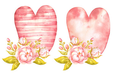 Tender pink hearts with pink peonies by hand drawn in watercolor. Vintage style. Love set for St. Valentine's day and wedding design. Isolated white background.