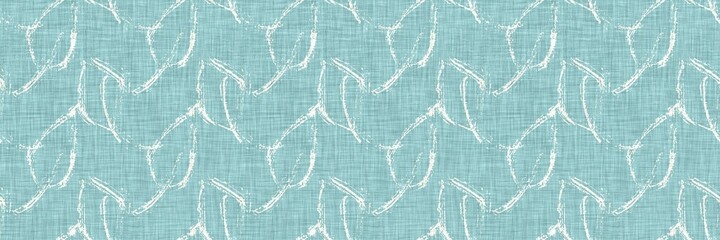 Aegean teal mottled border strip linen texture background. Summer coastal living style home decor fabric effect. Sea green wash grunge edge material. Decorative textile seamless pattern banner. 