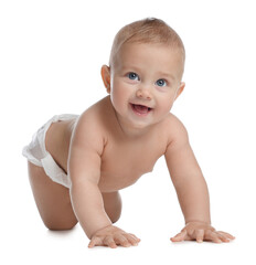 Cute little baby in diaper crawling on white background