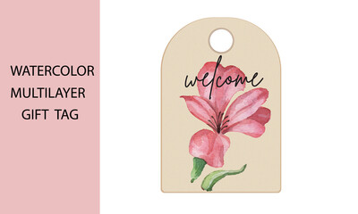 watercolor floral  ' welcome' multilayer gift label tag illustration design.