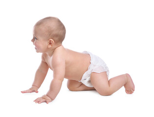 Cute baby in dry soft diaper crawling on white background