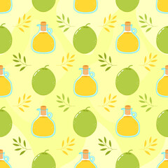 Cute funny olive and olive oil concept seamless pattern. Vector hand drawn cartoon kawaii character illustration icon. Cute kawaii olive and olive oil cartoon seamless pattern concept
