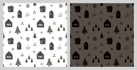 Christmas seamless pattern with isolated painted christmas trees, house, snowflakes. Flat vector illustration for paper, textile, fabric, prints, wrapping, greeting cards, banners