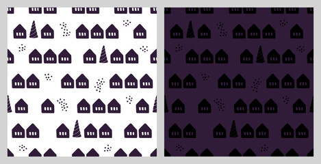 Fototapeta premium Christmas seamless pattern with isolated painted christmas trees, house, snowflakes. Flat vector illustration for paper, textile, fabric, prints, wrapping, greeting cards, banners