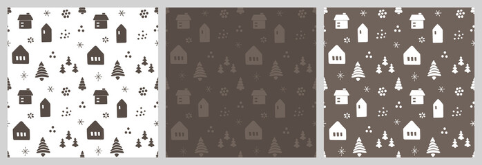 Christmas seamless pattern with isolated sketches of christmas trees, house, snowflakes. Cute vector illustration for paper, textile, fabric, prints, wrapping, greeting cards, banners