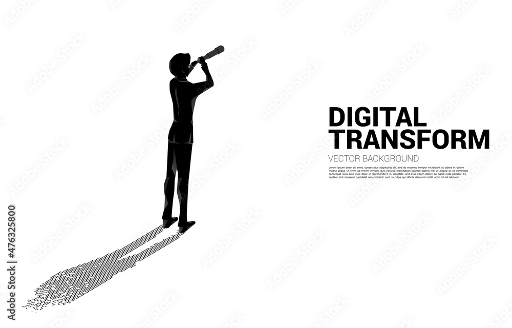 Poster silhouette of businessman looking through telescope with shadow from digital dot pixel. business con