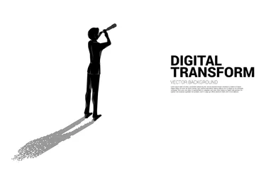 Fotobehang Silhouette of businessman looking through telescope with shadow from digital dot pixel. business concept of digital transformation and digital footprint. © Panithan