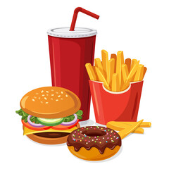 Fast food meal set with classic cheese burger, grilled meat, french fries, glazed donut and soft drink cup. Vector illustration isolated on white background
