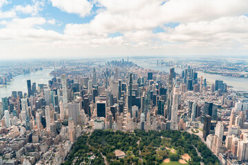 Aerial panoramic city view of Midtown Manhattan neighborhoods towards lower Manhattan and Downtown,...