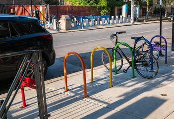 Pride colored bike racks in Boystown Chicago.