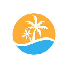 Fototapeta na wymiar Beach Logo With Palm Tree Logo Vector Design Template.