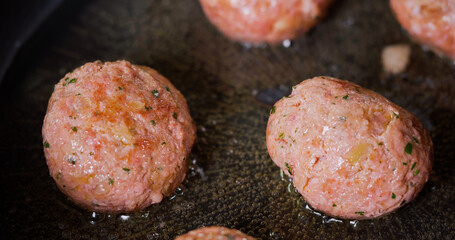 Tasty Meatballs Frying on Hot Pan
