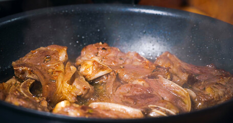 Close Up Tasty Meat Frying. Appetizing Lamb Dish.