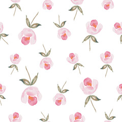 Watercolor botanical seamless pattern pink flowers. Hand drawn rose on white. Floral elements. For birthday, wedding card, invitation, greeting, mother day, linen, wrapping paper, wallpaper, textile.