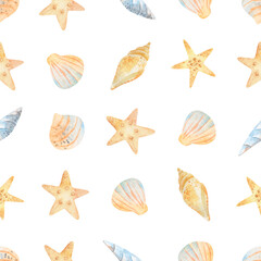 Watercolor sea seamless pattern of starfish, seashells, conch on an isolated white background. underwater world hand drawing, summer clipart. wear design, baby shower, kids cards, linens, wallpaper.
