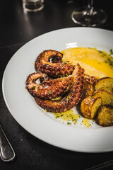 Delicious Contemporary Classic Food Dish Plate Menu Lunch Dinner Gourmet Dessert Chef Pasta Shrimp on the Table