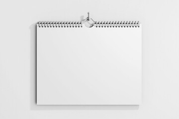 empty white horizontal portrait wall spiral rings wire bound binding paper page 8.5 x 11 inches calendar realistic mock up front hanging view clay 3d rendering 3d illustration