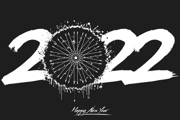 Numbers 2022 and a abstract bike wheel made of blots in grunge style. Design text logo Happy New Year 2022. Template for greeting card, banner, poster. Vector illustration on isolated background