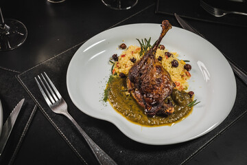Delicious Contemporary Classic Food Dish Plate Menu Lunch Dinner Gourmet Dessert Chef Pasta Shrimp on the Table