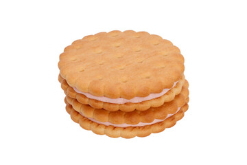 two crispy cookies with pink filling in the middle isolated on white background
