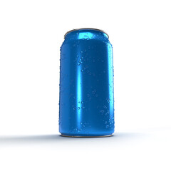 Lata de refresco azul con gotas sobre fondo blanco