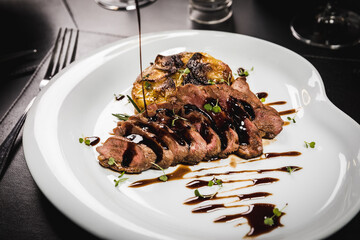 Delicious Contemporary Classic Food Dish Plate Menu Lunch Dinner Gourmet Dessert Chef Pasta Shrimp on the Table