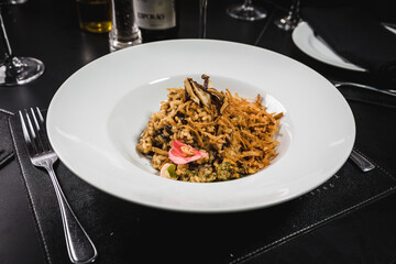 Delicious Contemporary Classic Food Dish Plate Menu Lunch Dinner Gourmet Dessert Chef Pasta Shrimp on the Table