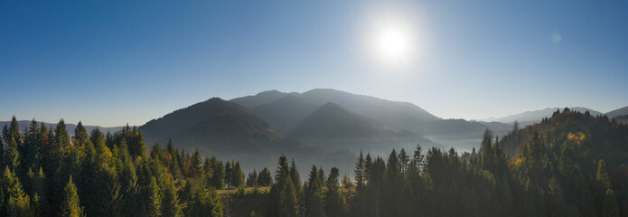 The rays of the sun in the autumn misty forest.