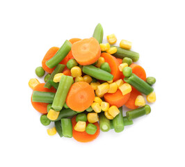 Mix of fresh vegetables on white background, top view