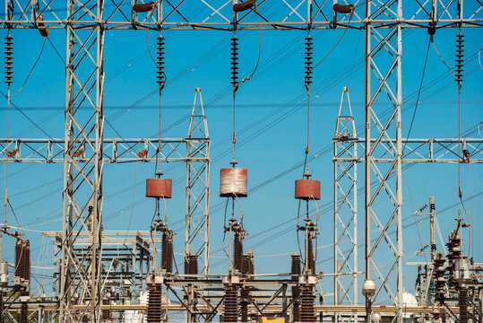 High and medium voltage switchgear in power substation, High voltage circuit breakers and insulated switchgear on electrical substation