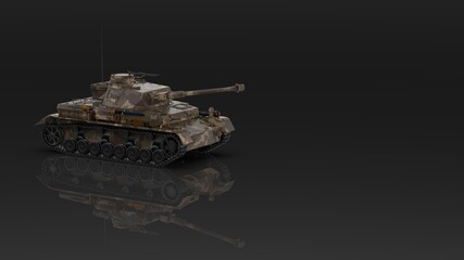 Naklejka premium Metallic military camo painting tank on black-white flash lighting background. Concept image of power strength, dynamic strategy and Strong system. 3D illustration. 3D high quality rendering. 3D CG.