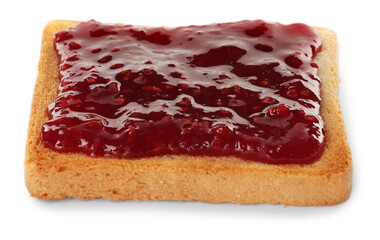 Toast with tasty raspberry jam on white background