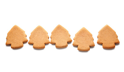 Delicious Christmas gingerbread cookies on white background