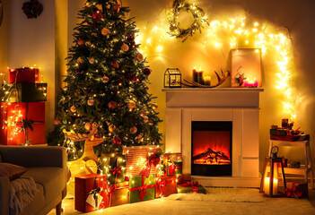 Stylish interior of living room with beautiful Christmas tree and fireplace at night