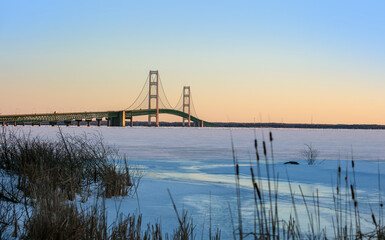 Mackinac bridge in winter time connects to Michigan lower peninsula and upper peninsula.