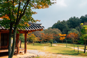 Korean traditional house and autumn forest at Juknokwon in Damyang, Korea