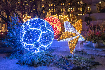 New York City, NY - December 2020: The 2020 holiday decor installation at the Pulitzer Fountain in...