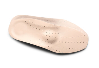 Beige orthopedic insoles on white background